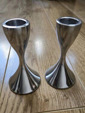 Set of 2 UMBRA Polished Aluminum Modernist Taper Candle Holders 4 Inch Height